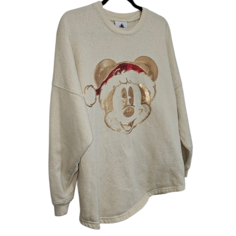 Spirit Jersey Mickey Mouse Disney Medium Cream Crewneck Sweater Gold Red Sequin